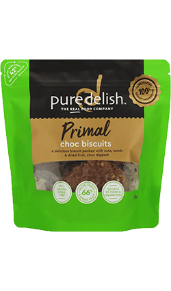 DAMAGED Pure Delish Primal Choc Biscuits 220g BB 12/01