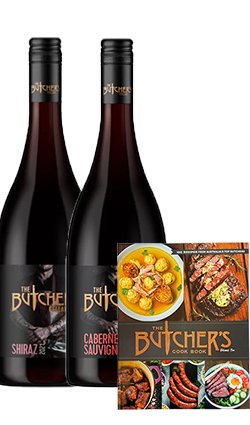 The Butchers Cook Book plus 1 x The Butchers Cellar Shiraz & 1 x Cabernet Sauvignon